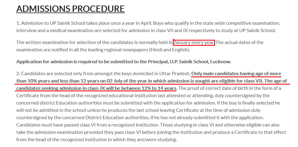 Admission Procedure for Up Sainik School
