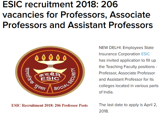 ESIC Recruitment 2018 for 206 vacancies